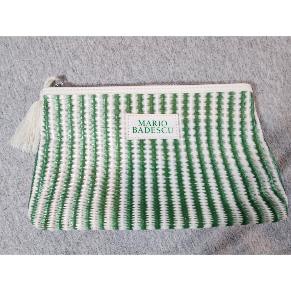 Mario Badescu Cosmetic Bag Womens OS Green White Striped Tassel Pouch